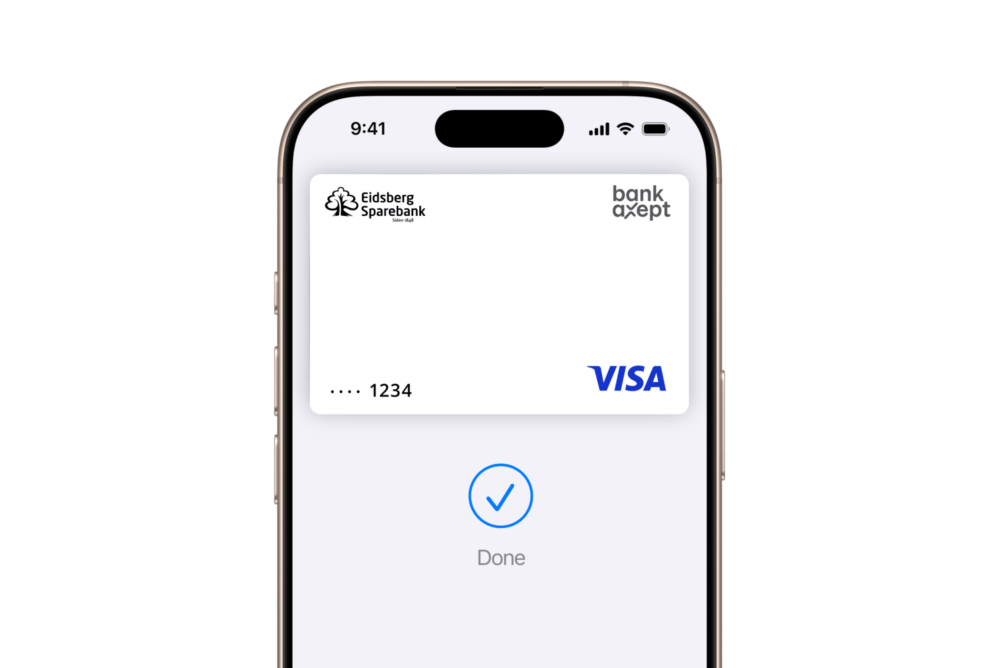 IPhone viser et digitalt betalingskort med bekreftelse 'Done'.